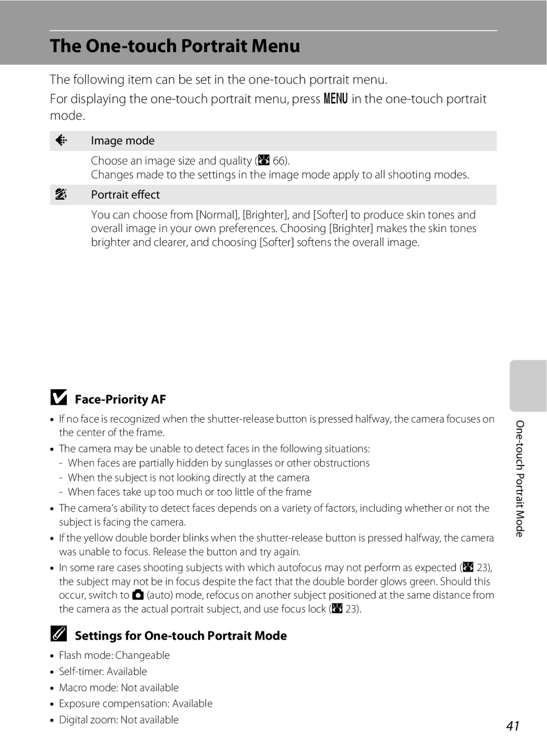 Nortel Networks L14 One-touch Portrait Menu, Face-Priority AF, Settings for One-touch Portrait Mode, Portrait effect 