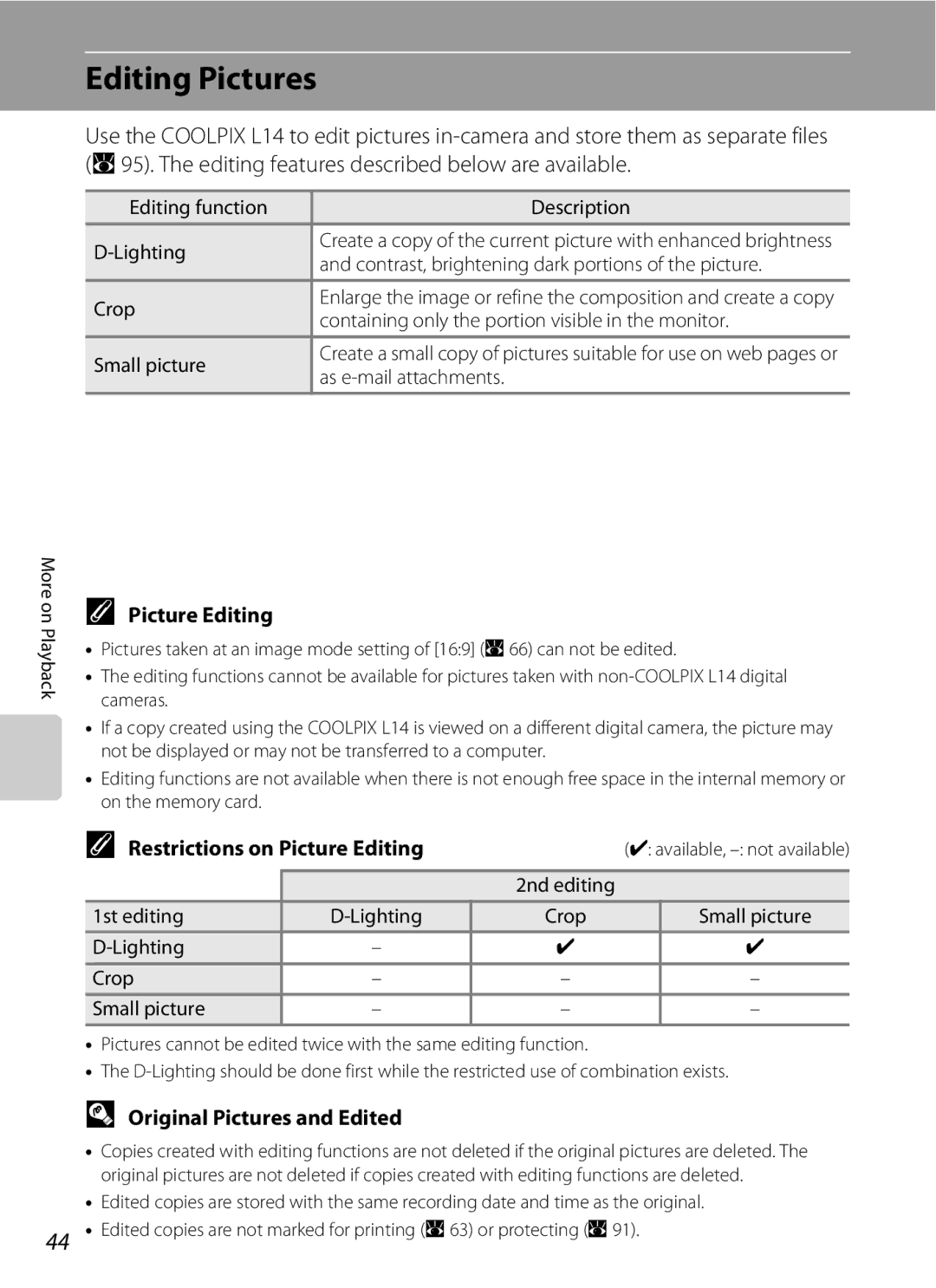 Nortel Networks L14 user manual Editing Pictures, Restrictions on Picture Editing, Original Pictures and Edited 