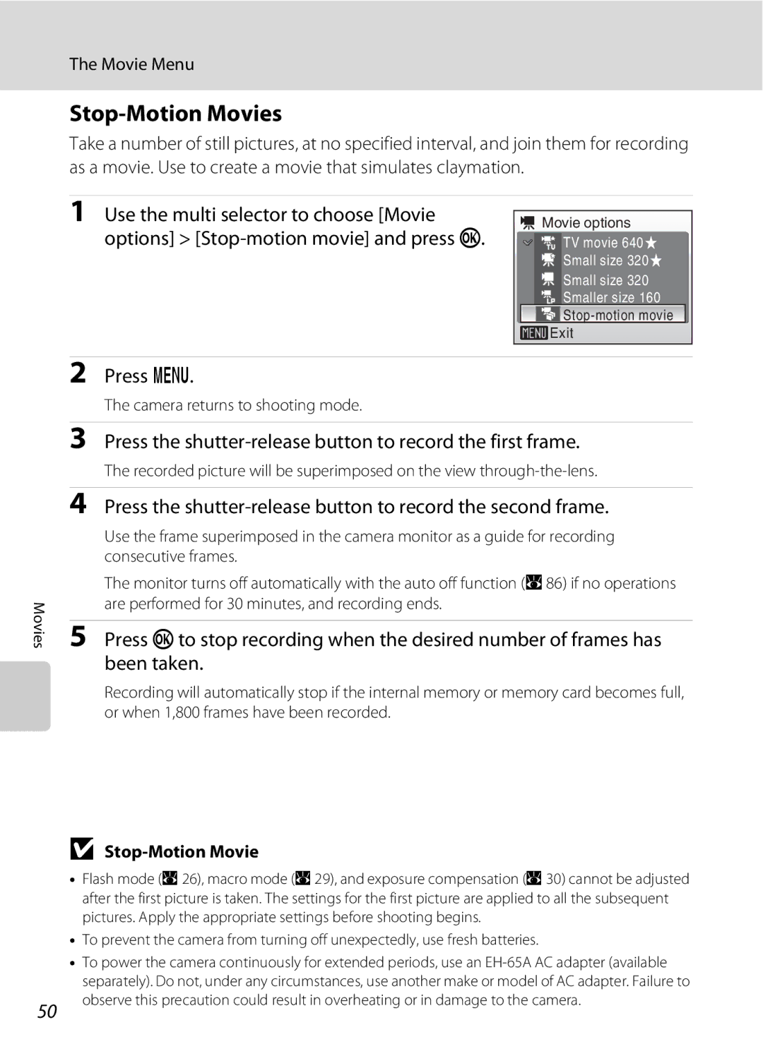 Nortel Networks L14 user manual Stop-Motion Movies, Press d, Press the shutter-release button to record the first frame 