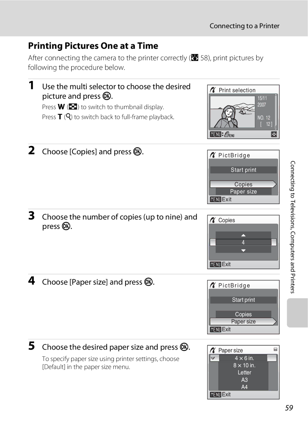 Nortel Networks L14 user manual Printing Pictures One at a Time, Choose Copies and press k, Choose Paper size and press k 