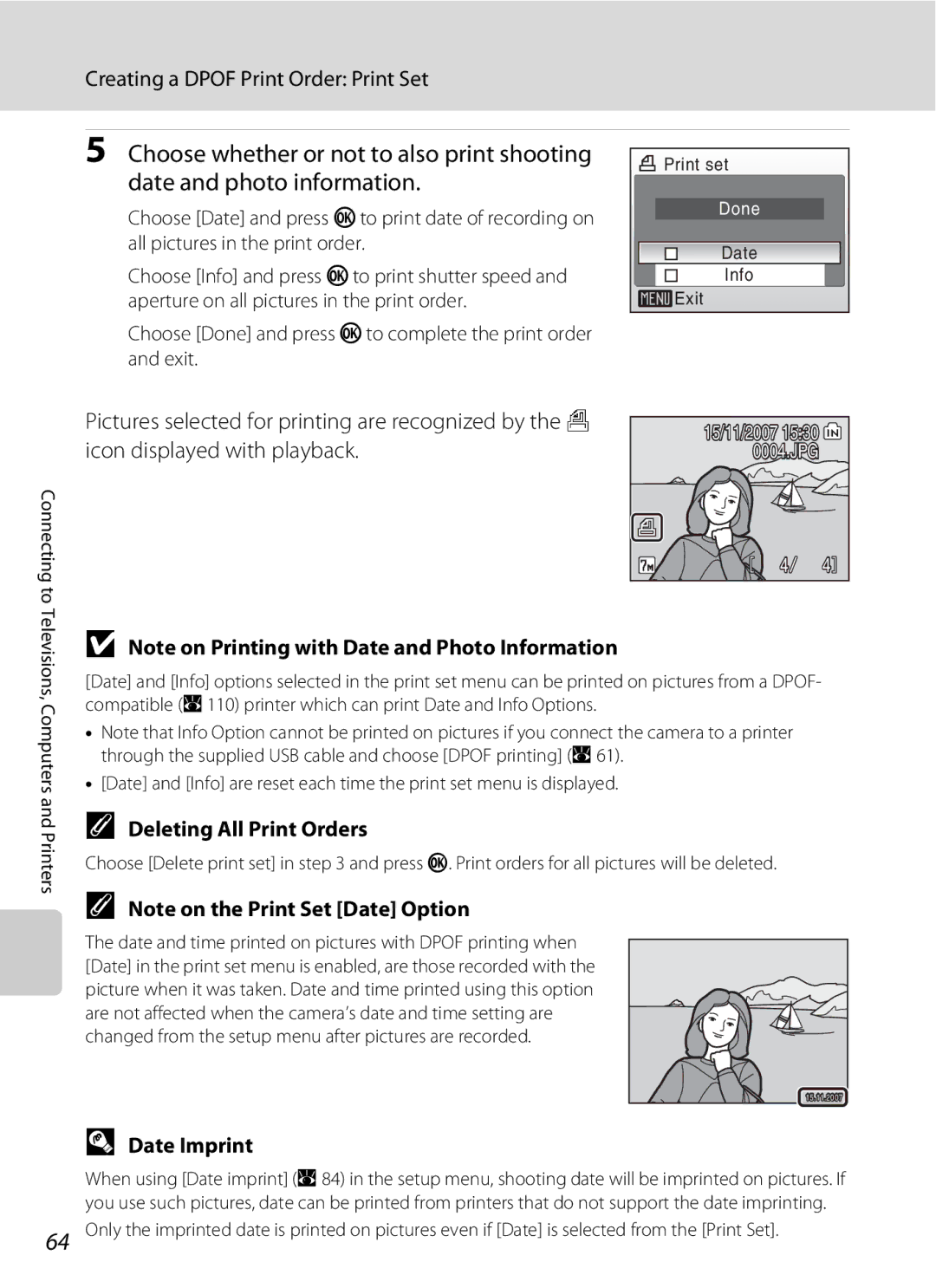 Nortel Networks L14 user manual Creating a Dpof Print Order Print Set, Deleting All Print Orders, Date Imprint 