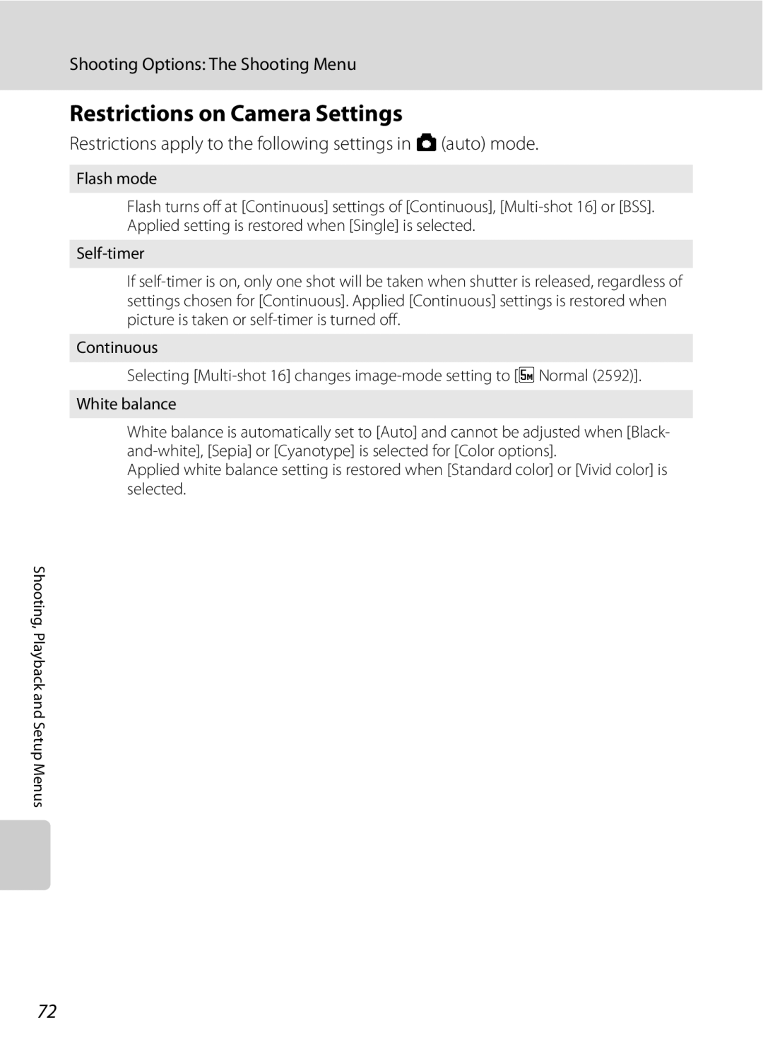 Nortel Networks L14 Restrictions on Camera Settings, Restrictions apply to the following settings in a auto mode 