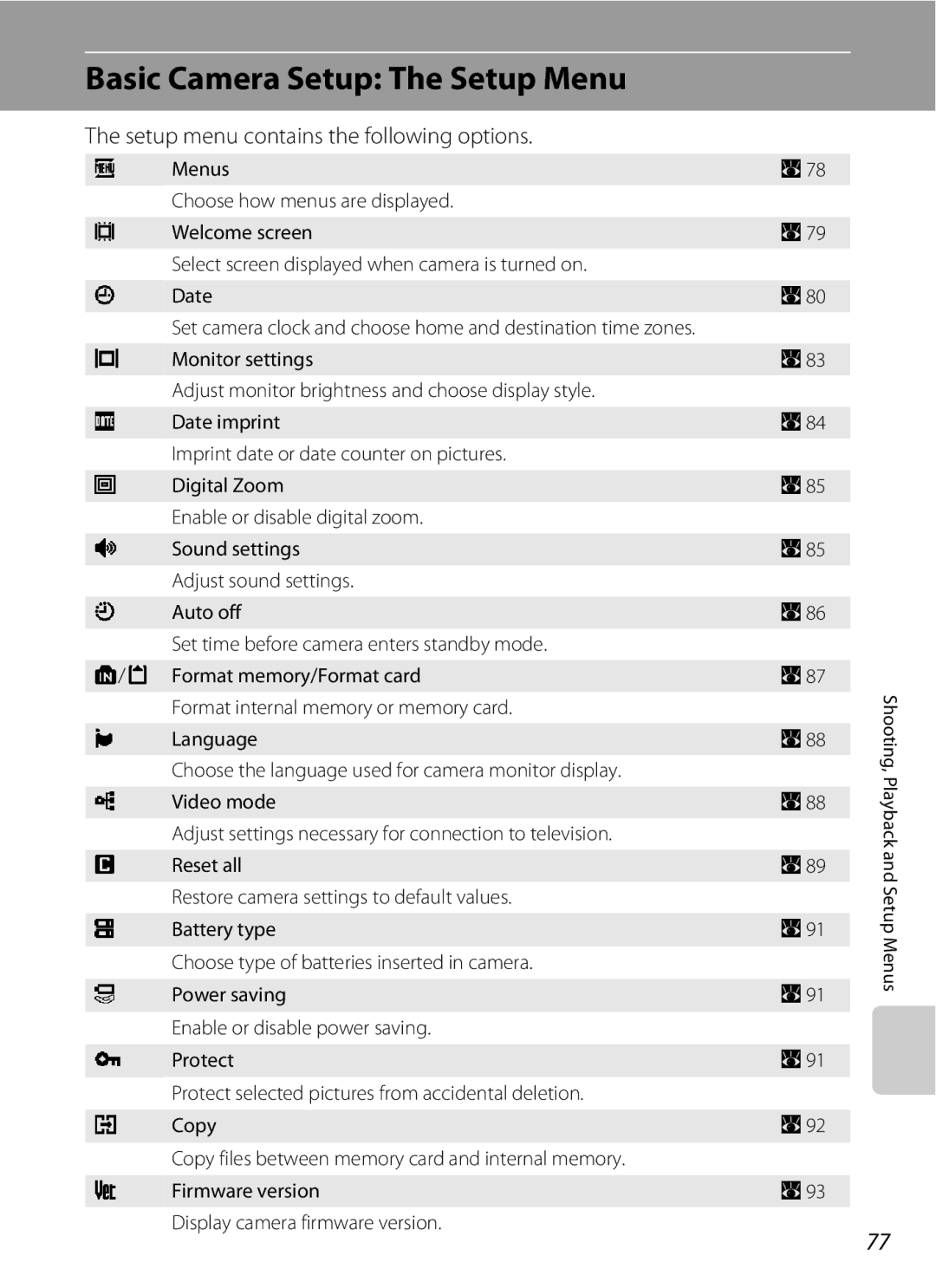 Nortel Networks L14 user manual Basic Camera Setup The Setup Menu, Setup menu contains the following options 