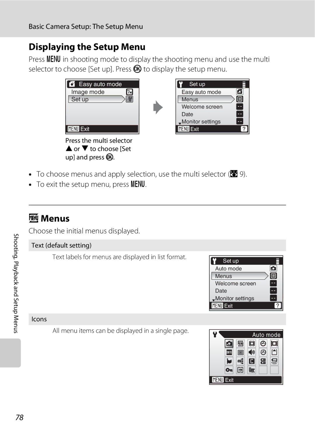 Nortel Networks L14 user manual Displaying the Setup Menu, Menus, Basic Camera Setup The Setup Menu 