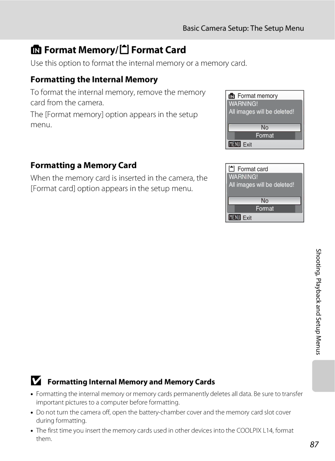 Nortel Networks L14 user manual LFormat Memory/mFormat Card, Formatting the Internal Memory, Formatting a Memory Card 