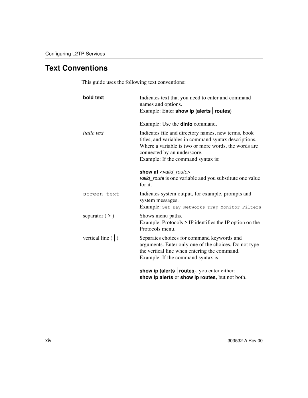 Nortel Networks L2TP manual Text Conventions, Italic text 