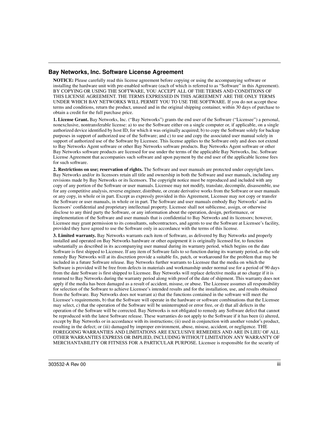 Nortel Networks L2TP manual Bay Networks, Inc. Software License Agreement 