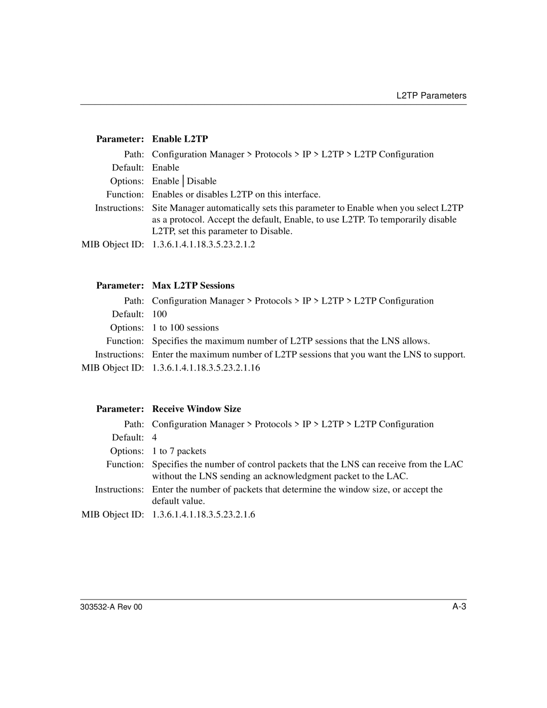 Nortel Networks manual Parameter Enable L2TP, Parameter Max L2TP Sessions, Parameter Receive Window Size 