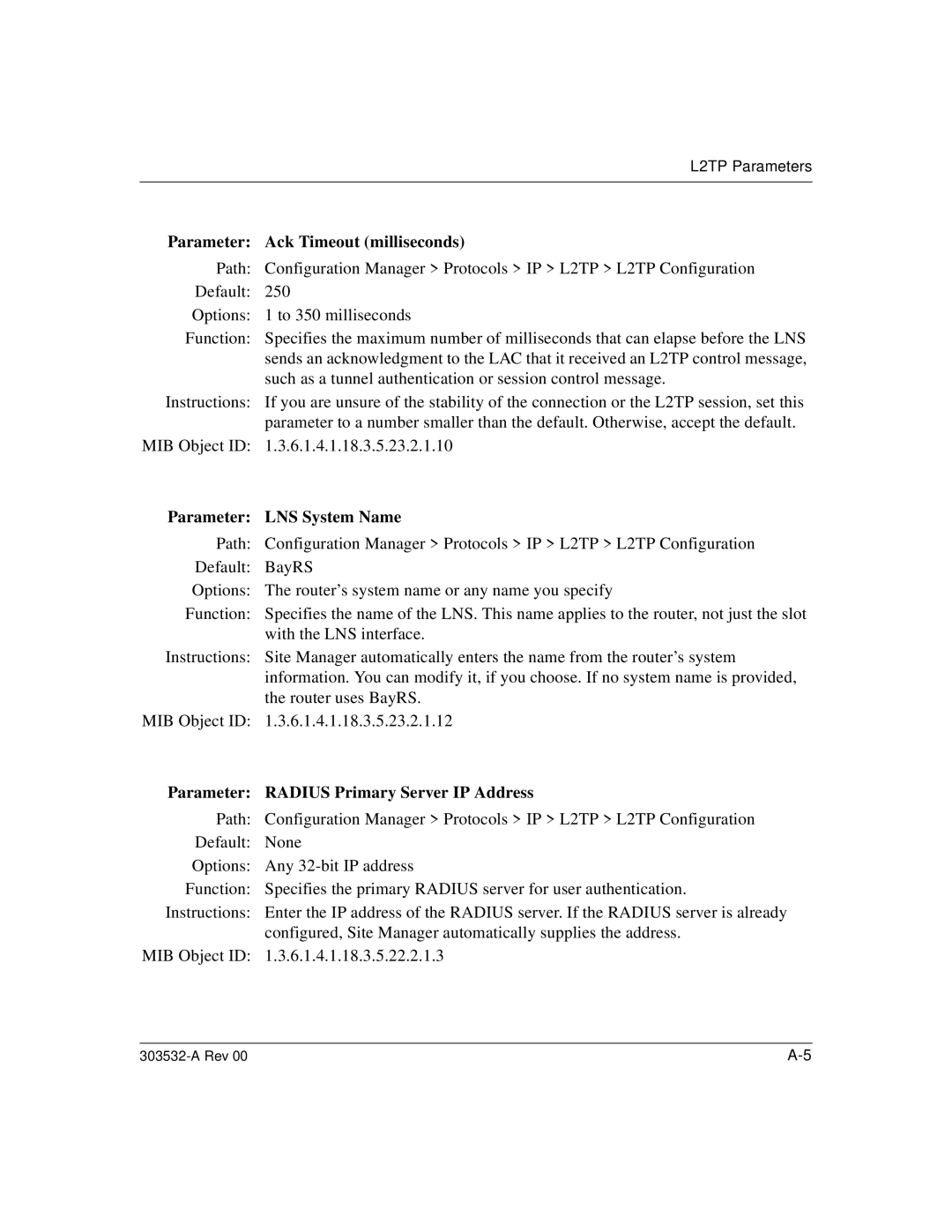 Nortel Networks L2TP manual Parameter Ack Timeout milliseconds, Parameter LNS System Name 