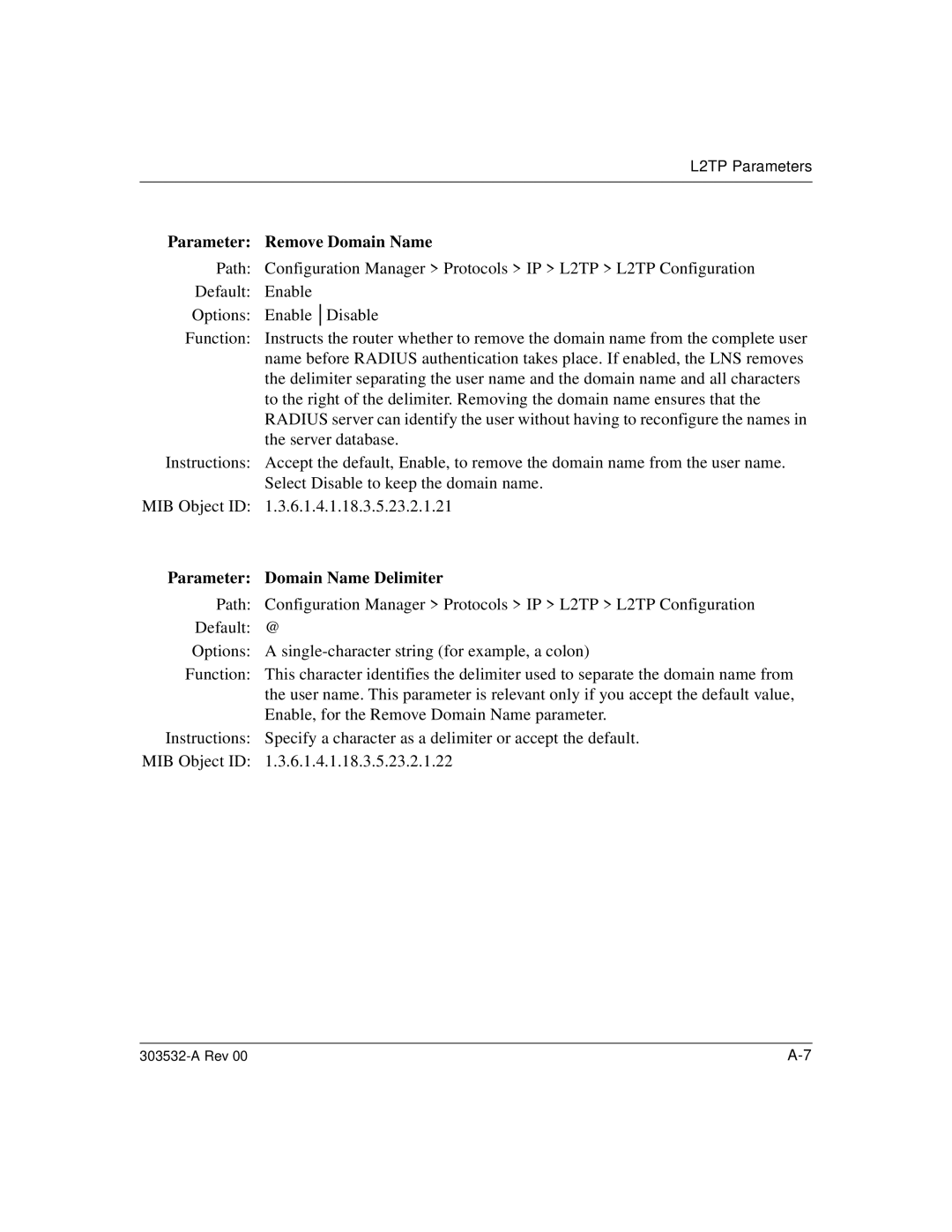Nortel Networks L2TP manual Parameter Remove Domain Name, Parameter Domain Name Delimiter 