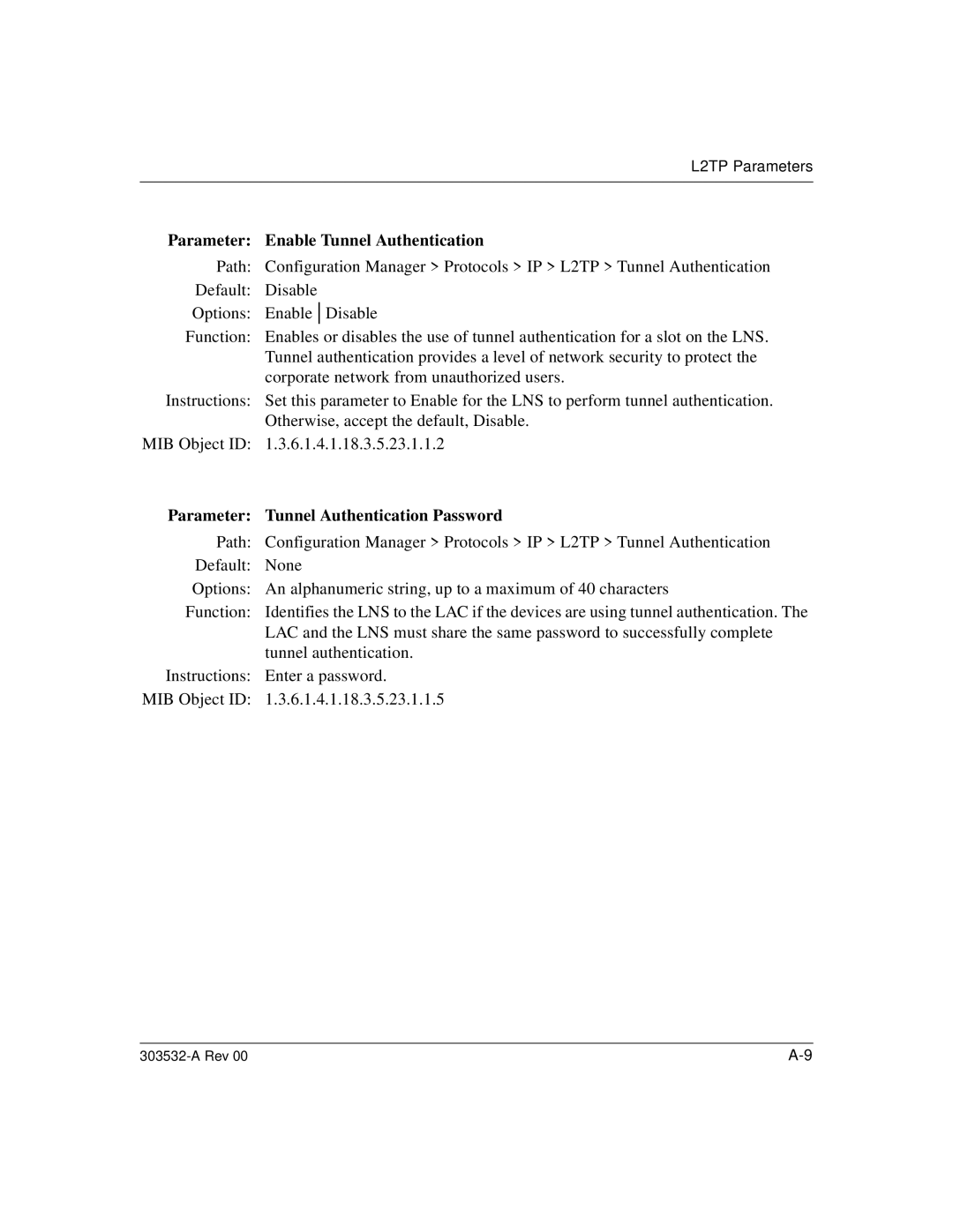 Nortel Networks L2TP manual Parameter Enable Tunnel Authentication, Parameter Tunnel Authentication Password 