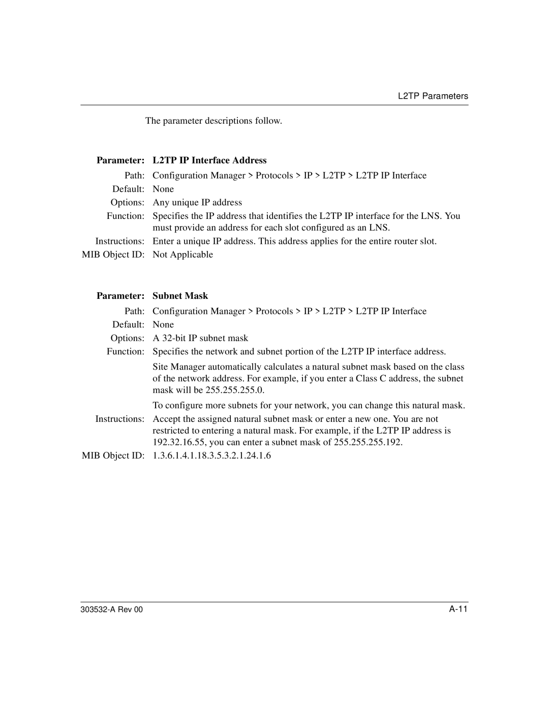 Nortel Networks manual Parameter L2TP IP Interface Address, Parameter Subnet Mask 