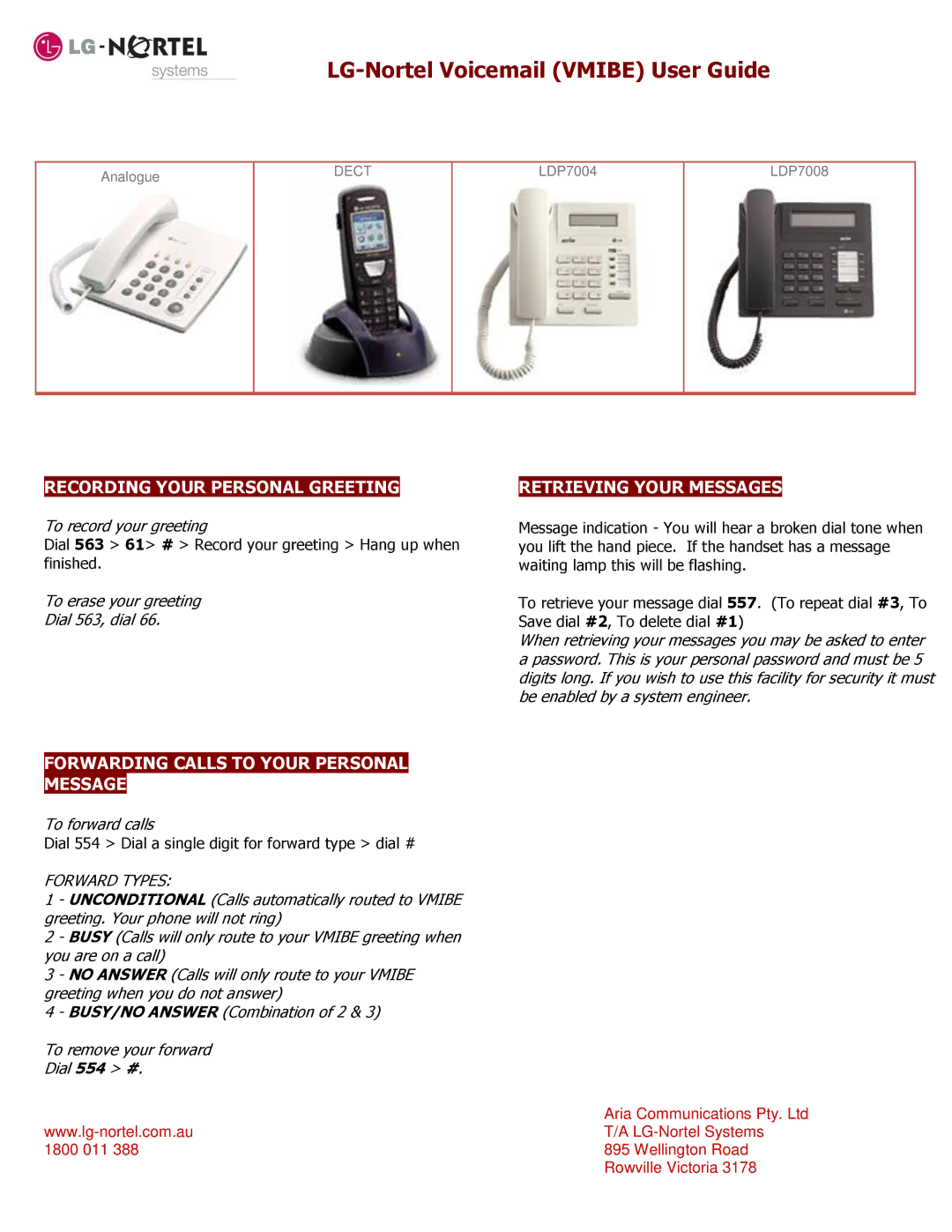 Nortel Networks LDP7004 manual LG-Nortel Voicemail Vmibe User Guide, Recording Your Personal Greeting, Forward Types 