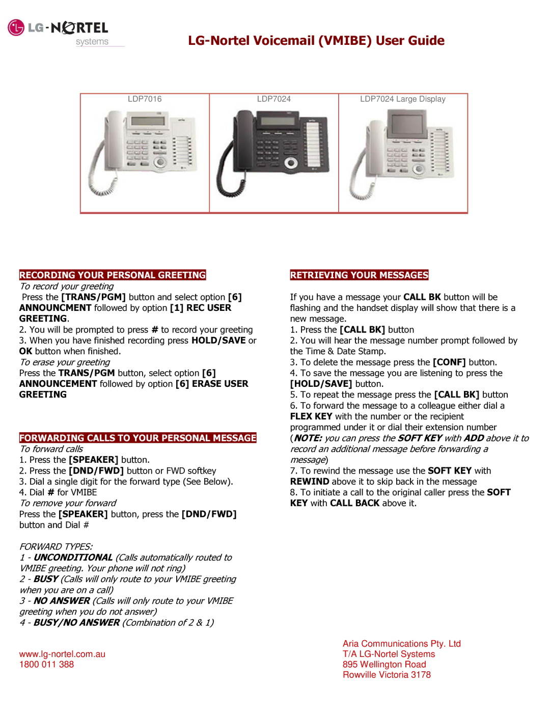 Nortel Networks LDP7016, LDP7024 manual LG-Nortel Voicemail Vmibe User Guide, Greeting, Retrieving Your Messages 