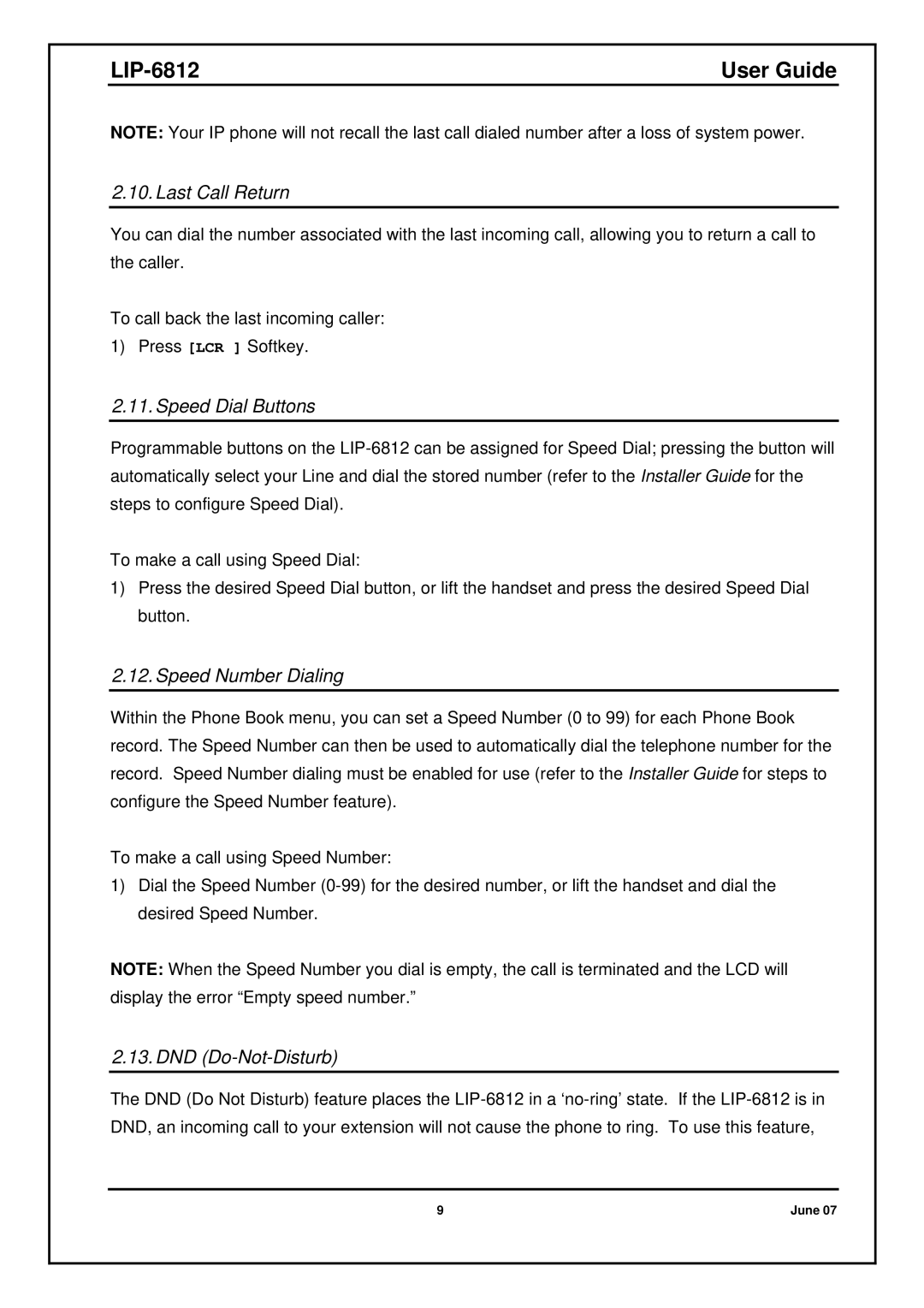 Nortel Networks LIP-6812 manual Last Call Return, Speed Dial Buttons, Speed Number Dialing, DND Do-Not-Disturb 