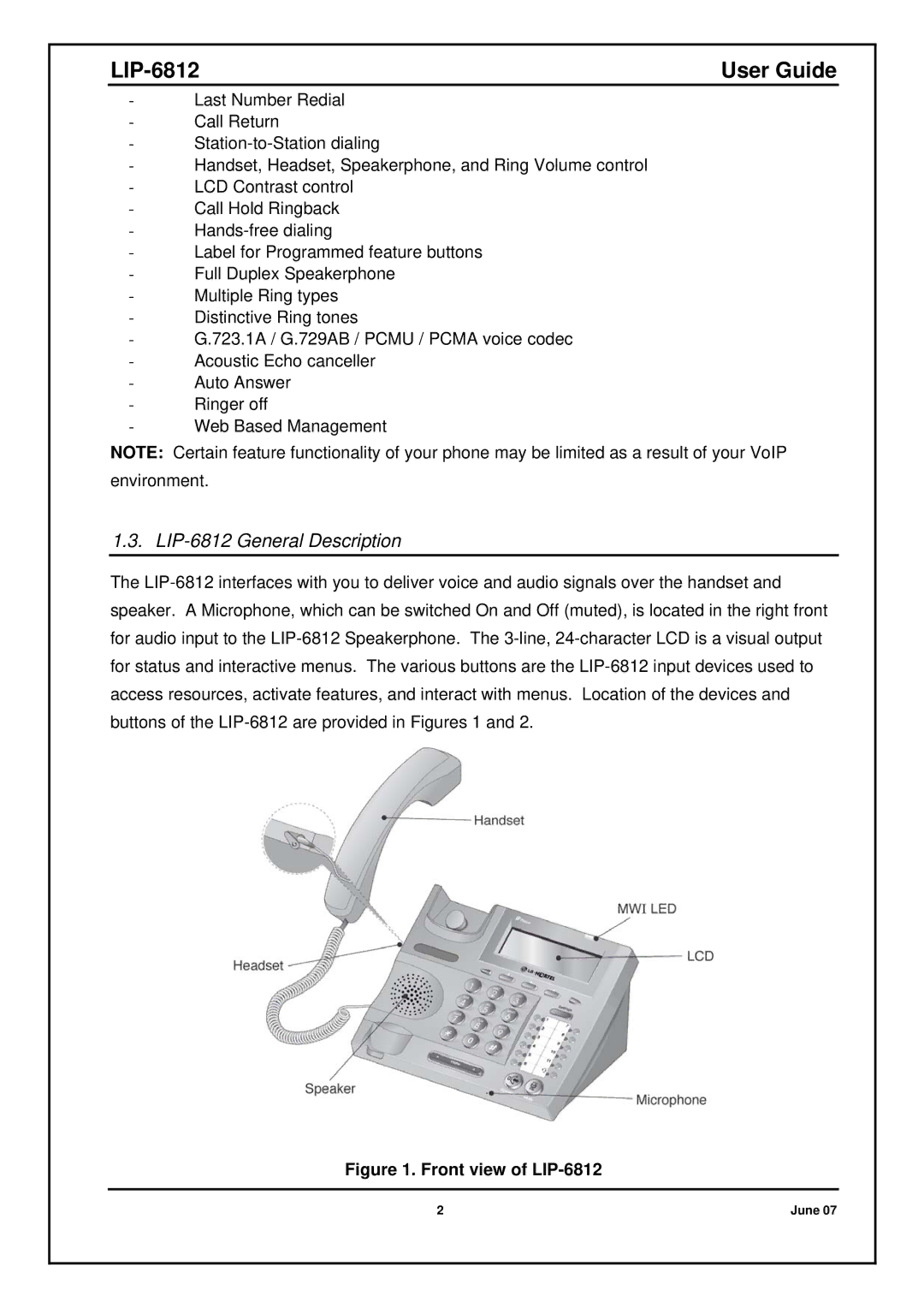 Nortel Networks manual LIP-6812 General Description, Front view of LIP-6812 