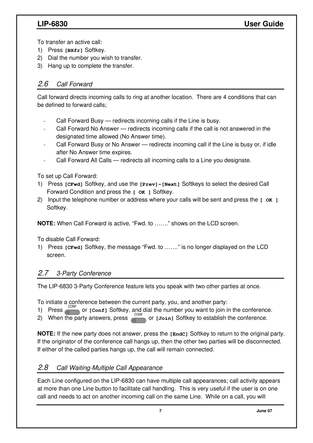 Nortel Networks LIP-6830 manual Call Forward, Party Conference, Call Waiting-Multiple Call Appearance 