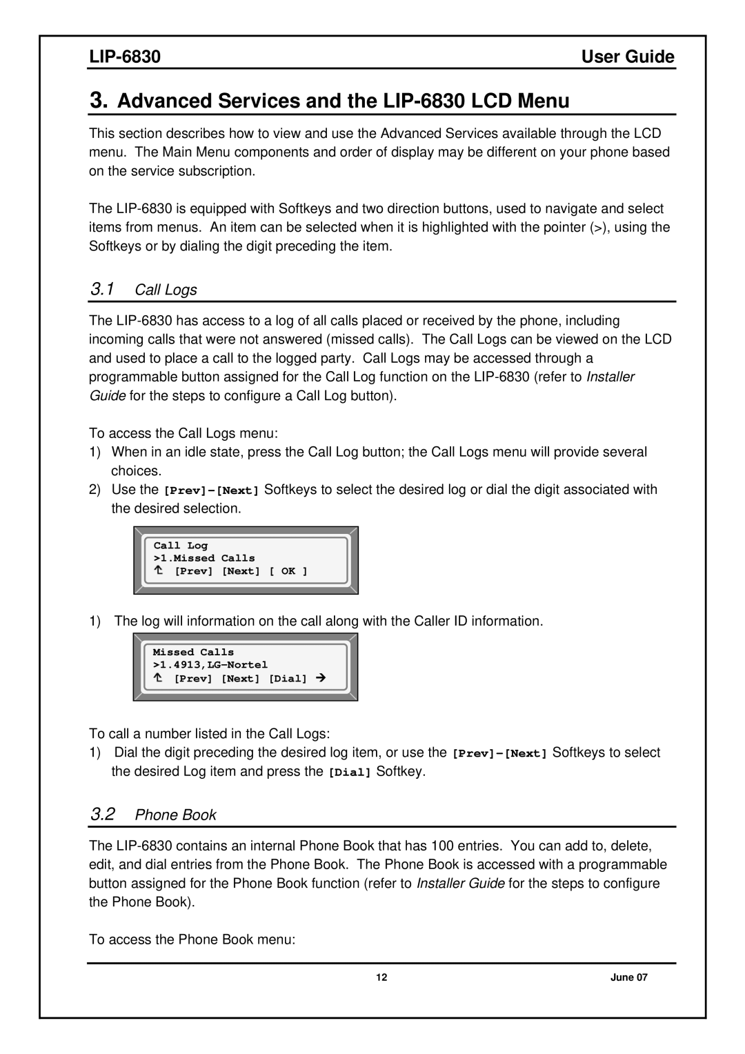 Nortel Networks manual Advanced Services and the LIP-6830 LCD Menu, Call Logs, Phone Book 