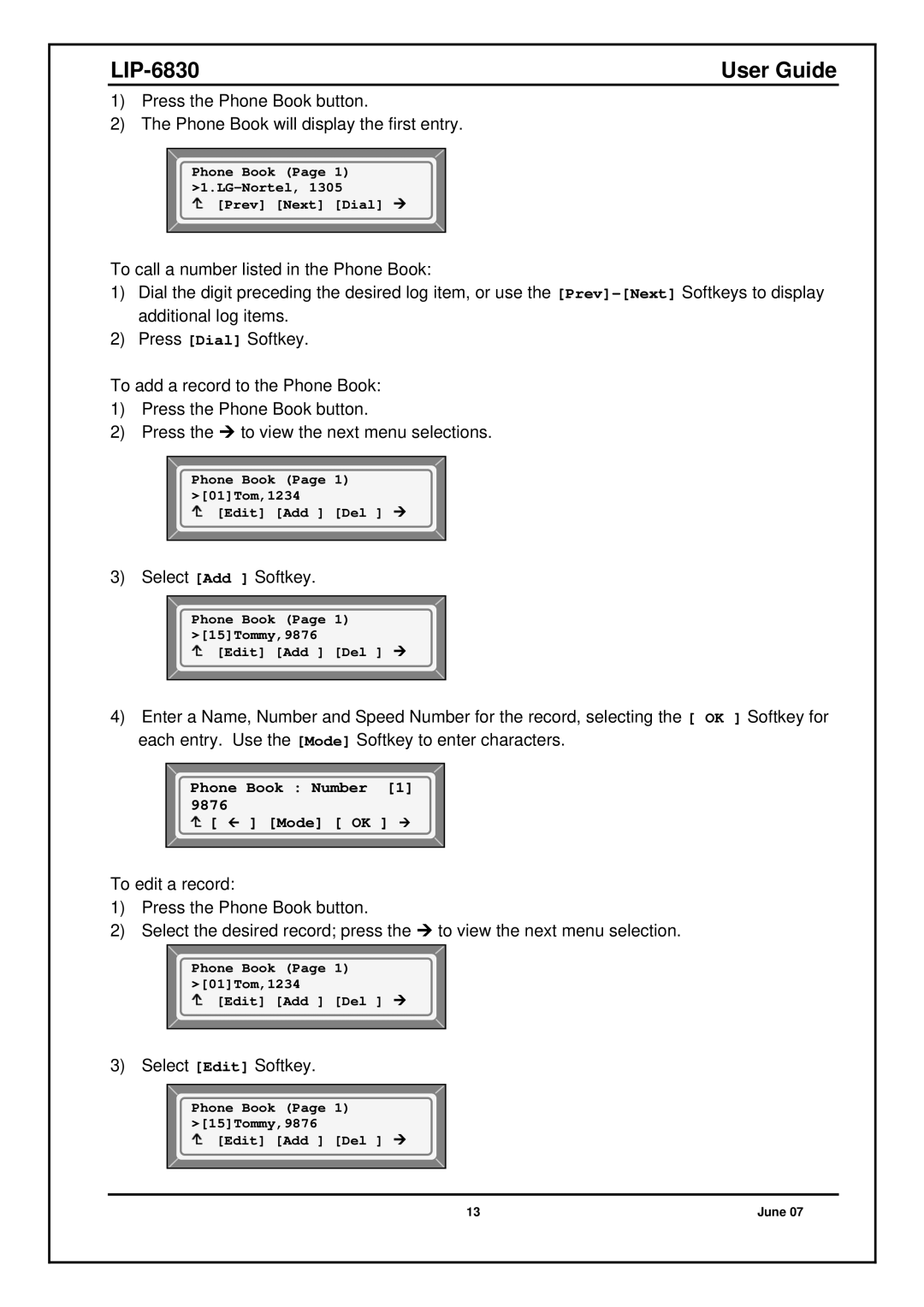 Nortel Networks LIP-6830 manual Select Add Softkey 