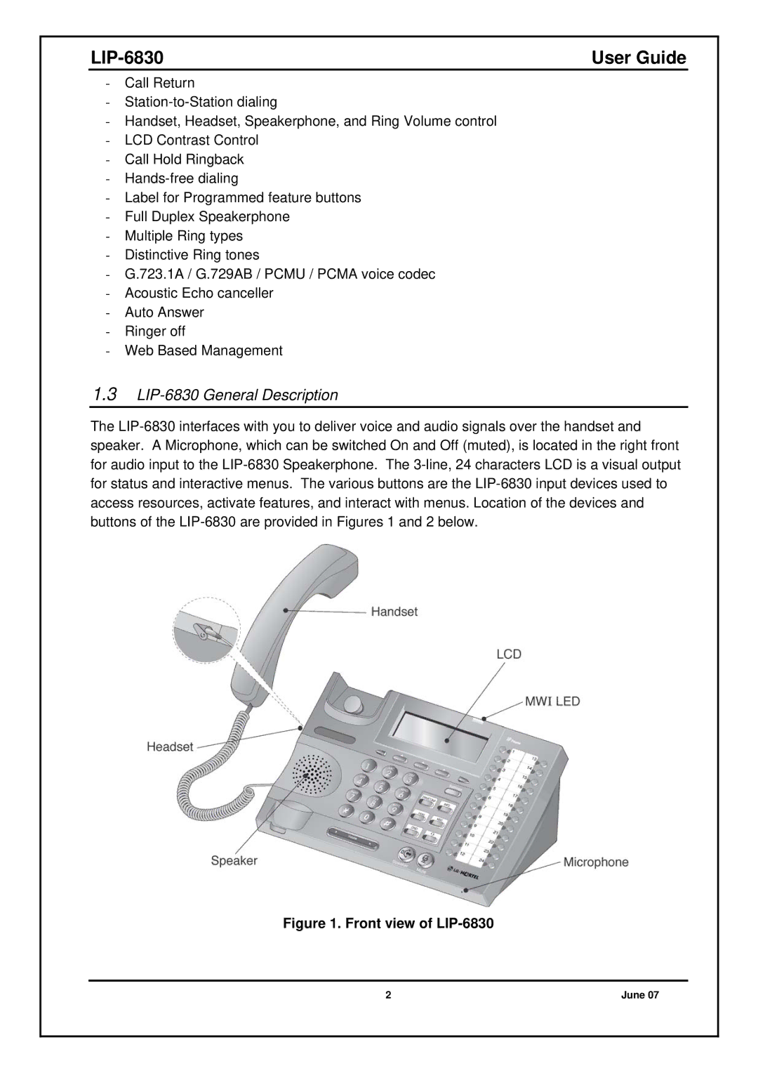 Nortel Networks manual LIP-6830 General Description, Front view of LIP-6830 