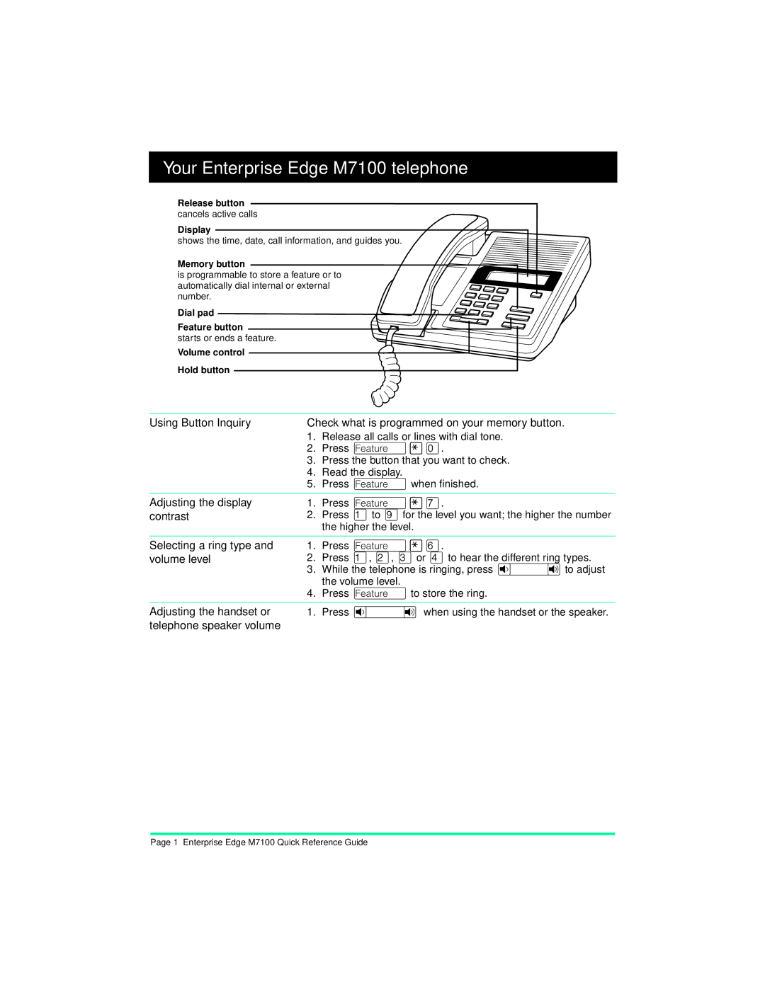 Nortel Networks manual Your Enterprise Edge M7100 telephone, Using Button Inquiry, Adjusting the display, Contrast 