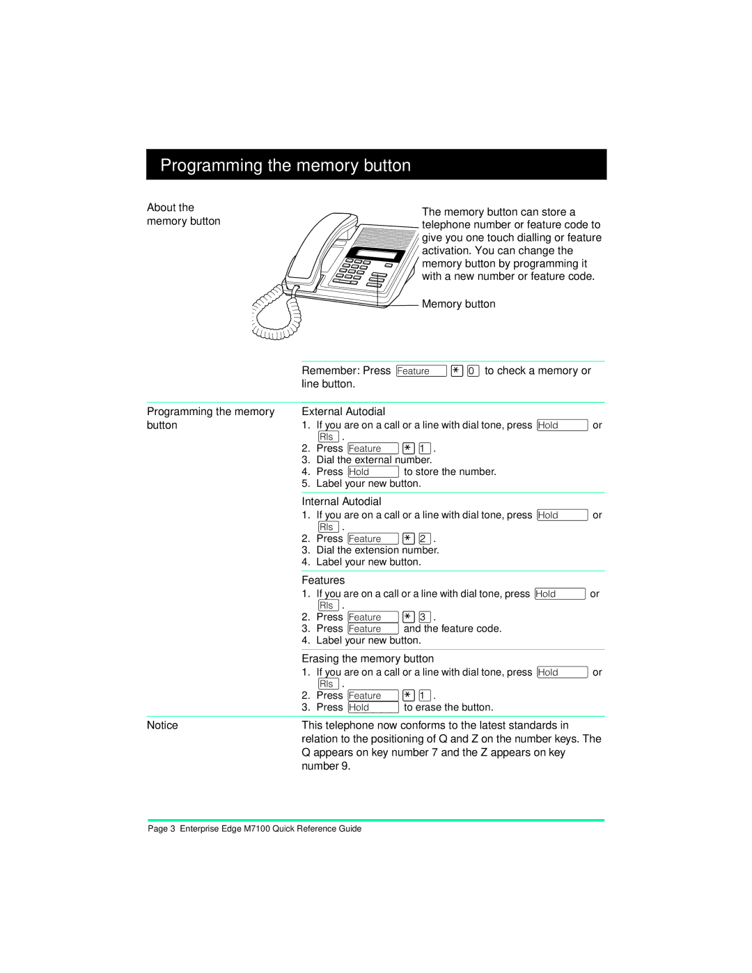 Nortel Networks M7100 manual Programming the memory button 