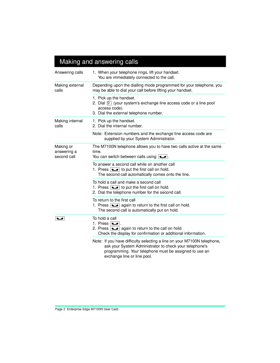 Nortel Networks M7100N manual Making and answering calls 