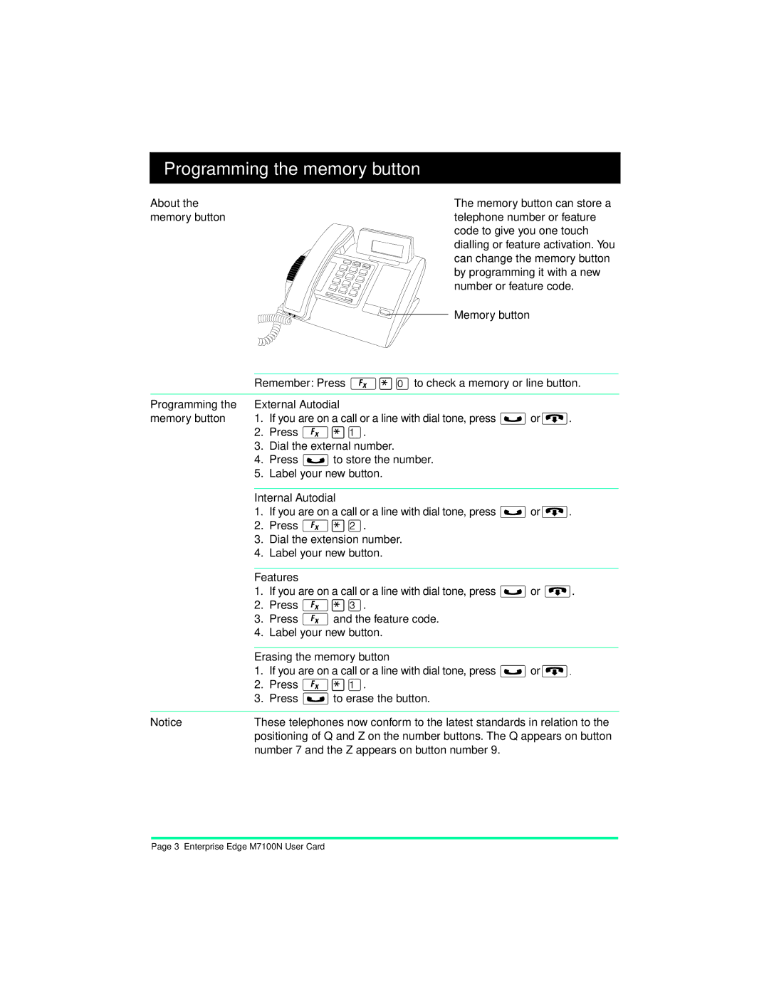 Nortel Networks M7100N manual Programming the memory button 