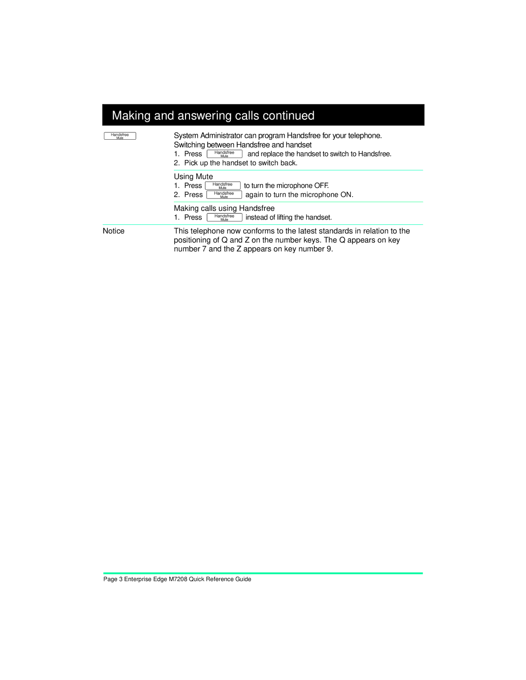 Nortel Networks M7208 manual Using Mute, Making calls using Handsfree, Number 7 and the Z appears on key number 