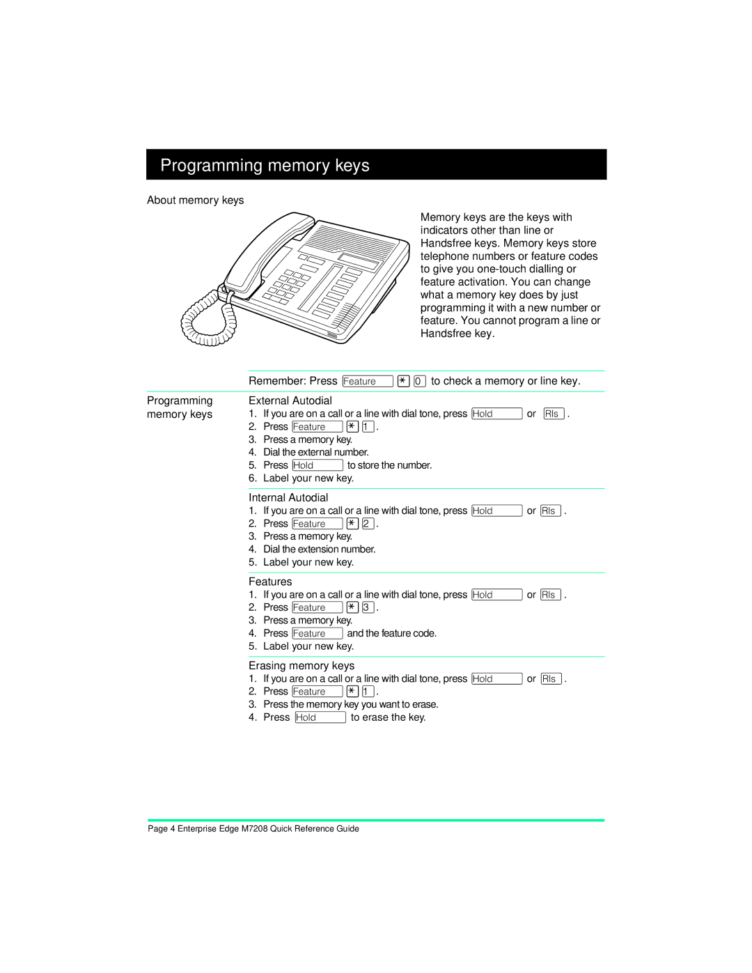 Nortel Networks M7208 manual Programming memory keys, Internal Autodial, Features, Erasing memory keys 