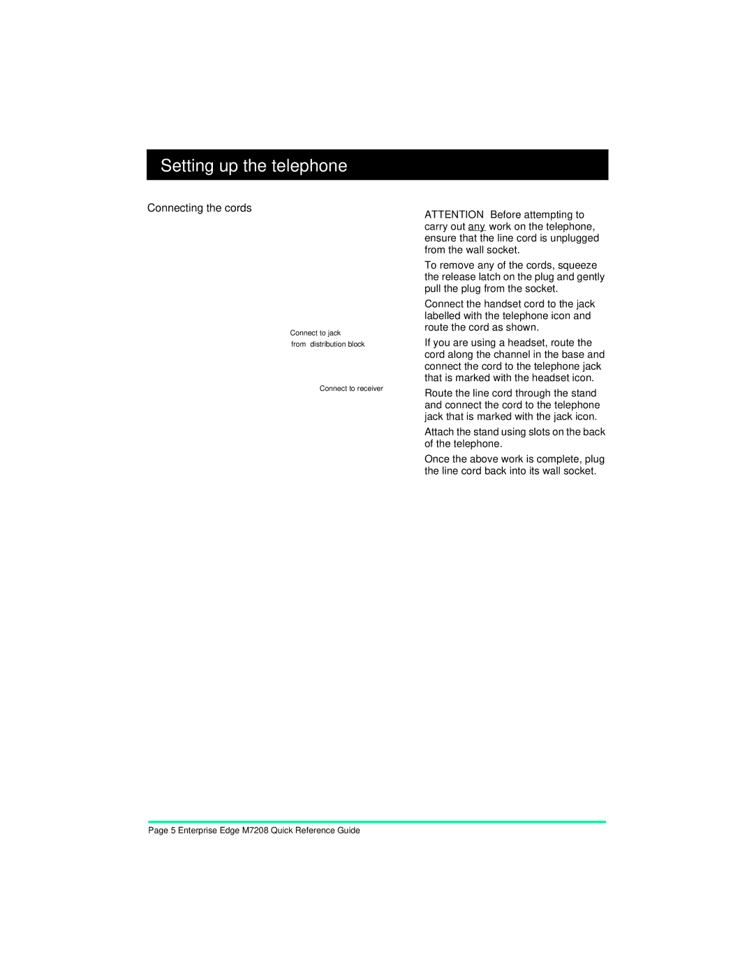 Nortel Networks M7208 manual Setting up the telephone, Connecting the cords 