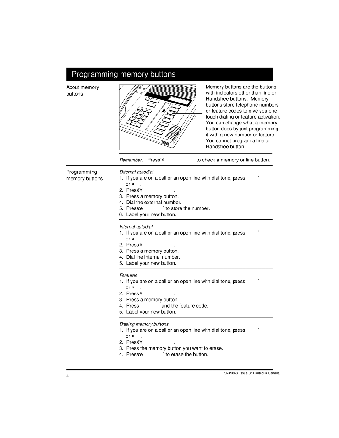 Nortel Networks M7208 Programming memory buttons, External autodial, Internal autodial, Features, Erasing memory buttons 