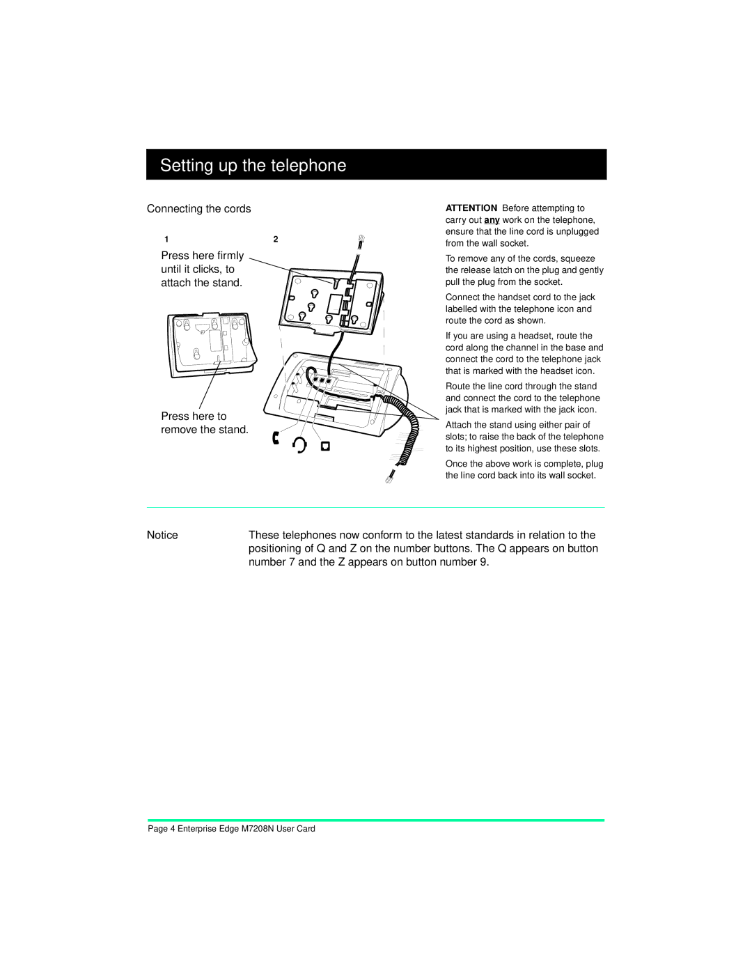 Nortel Networks M7208N manual Setting up the telephone 