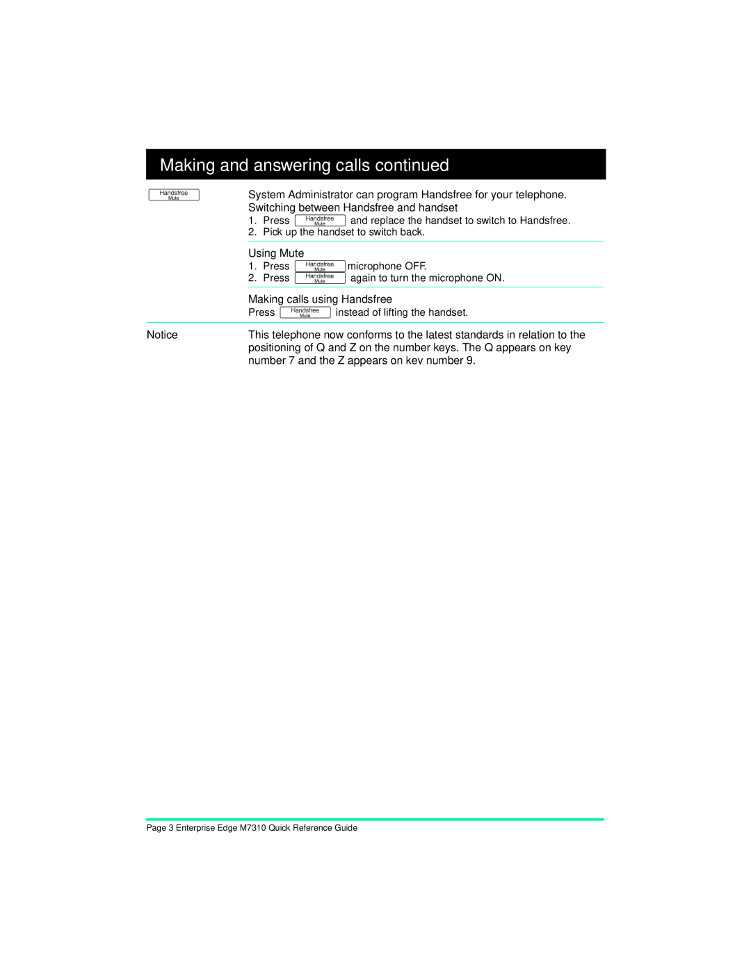 Nortel Networks m7310 manual Using Mute, Making calls using Handsfree, Number 7 and the Z appears on key number 