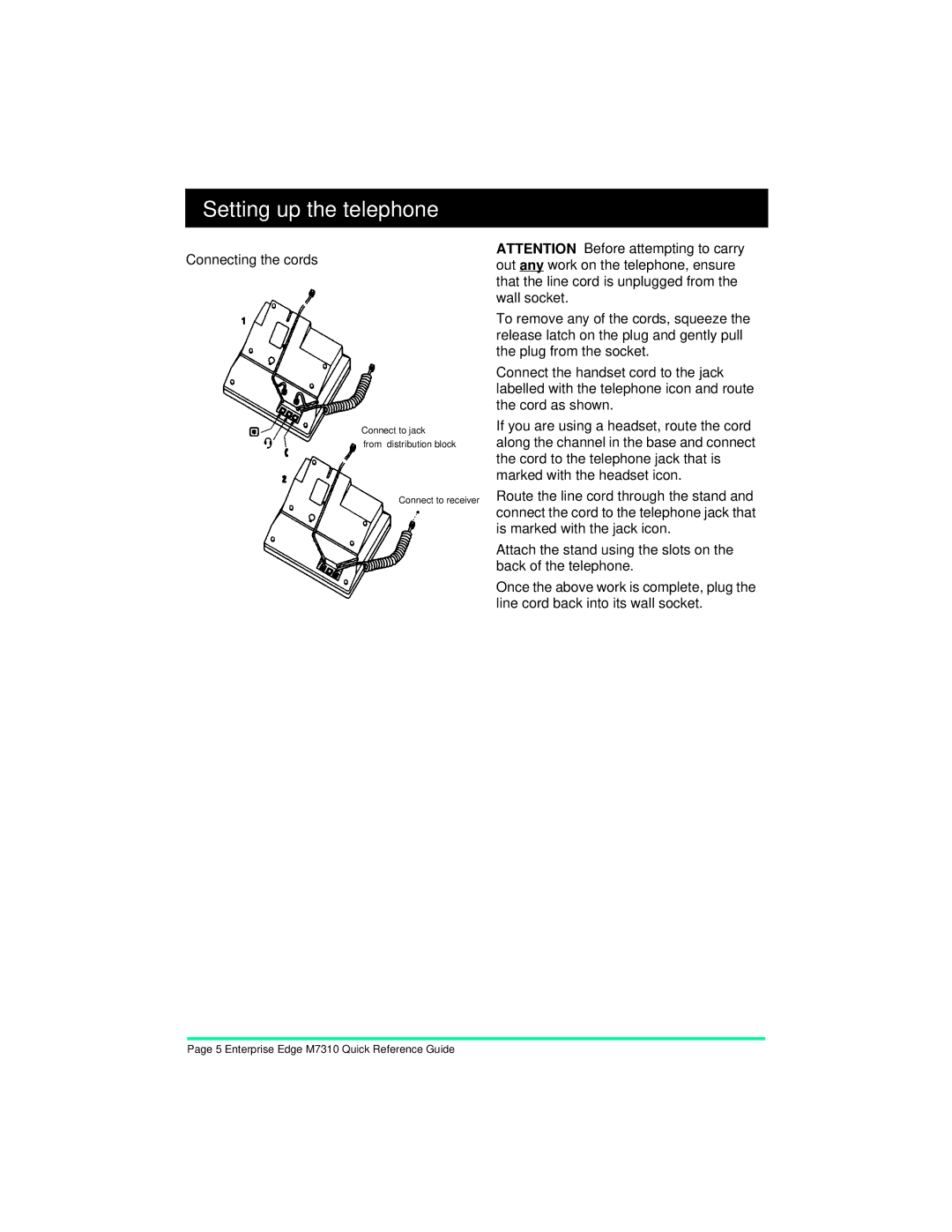 Nortel Networks m7310 manual Setting up the telephone, Connecting the cords 