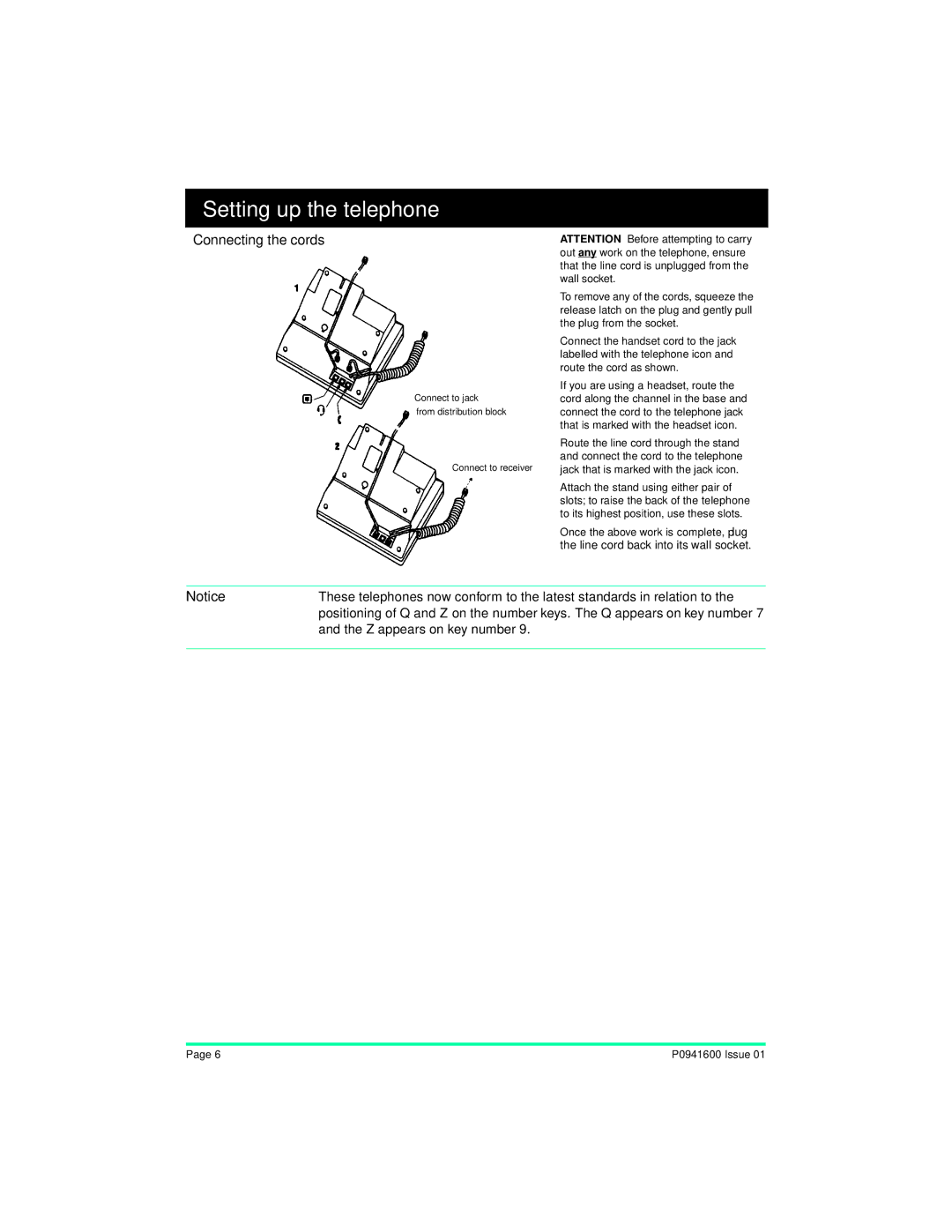 Nortel Networks M7324 manual Setting up the telephone, Connecting the cords 