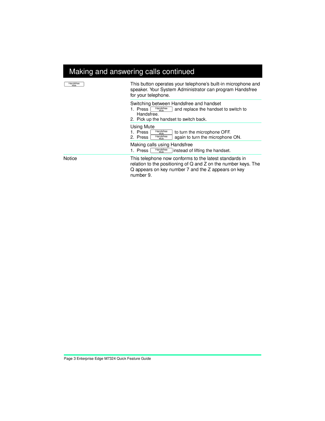 Nortel Networks M7324 manual For your telephone, Switching between Handsfree and handset, Using Mute 