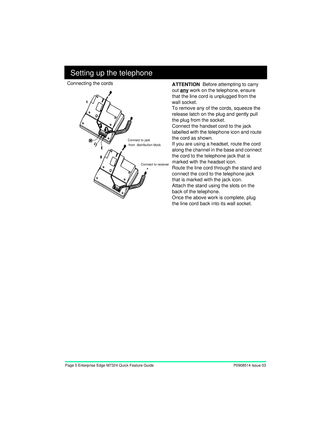 Nortel Networks M7324 manual Setting up the telephone, Connecting the cords 