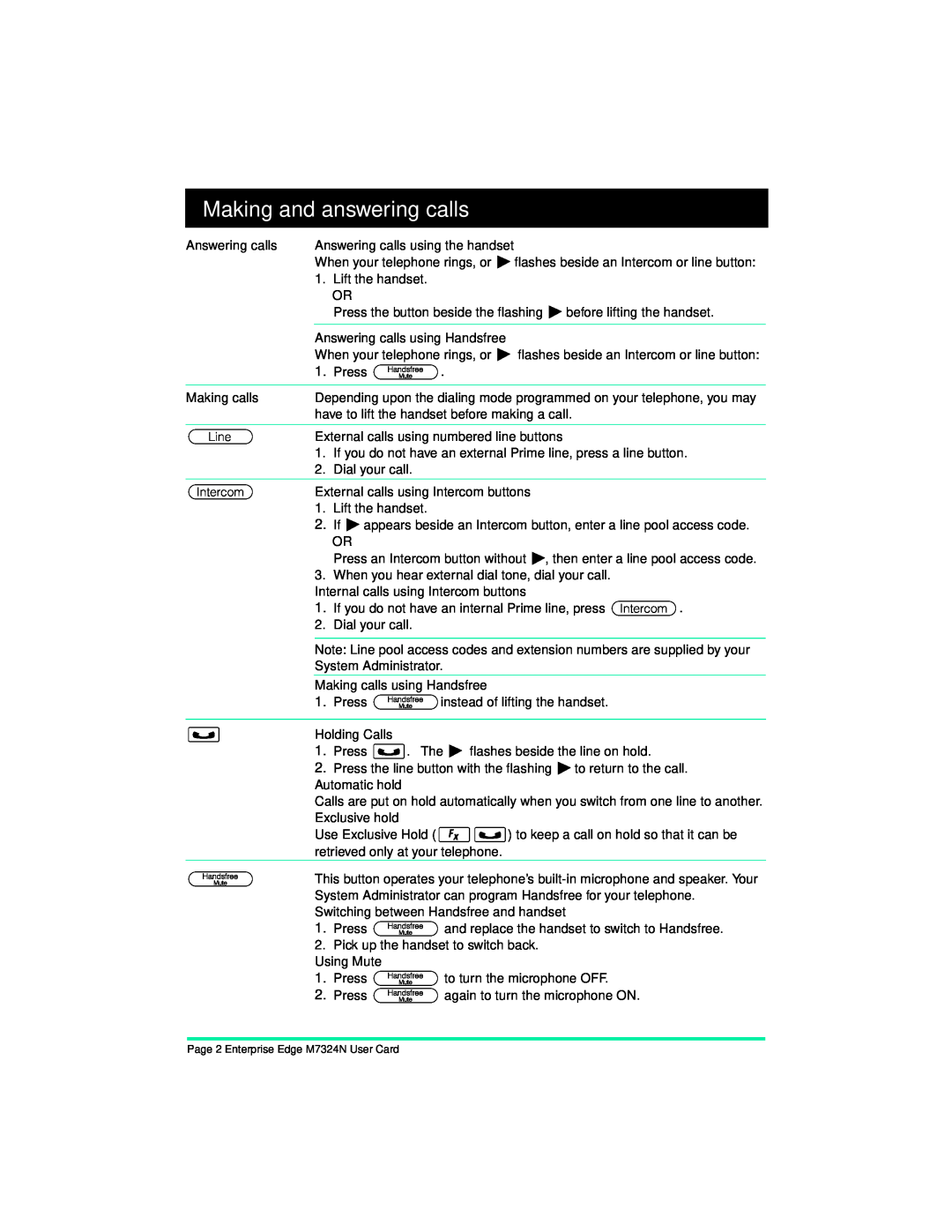 Nortel Networks manual Making and answering calls, Page 2 Enterprise Edge M7324N User Card 