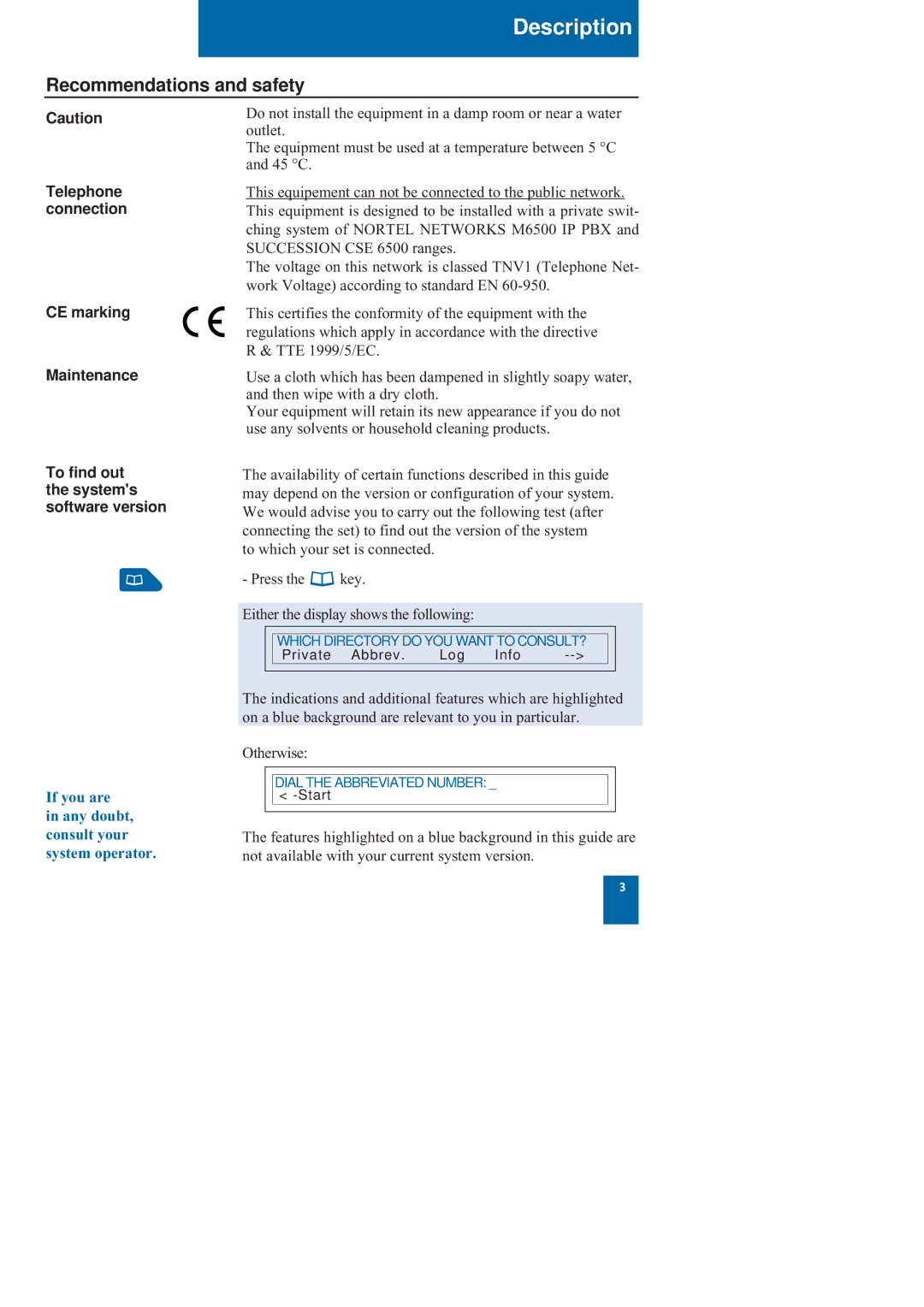 Nortel Networks M760 manual Recommendations and safety, Telephone connection CE marking Maintenance 