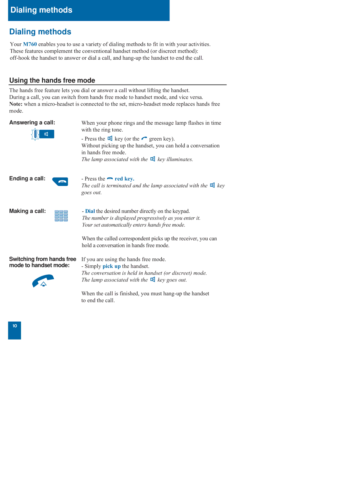 Nortel Networks M760 manual Dialing methods, Using the hands free mode, Answering a call Ending a call Making a call 