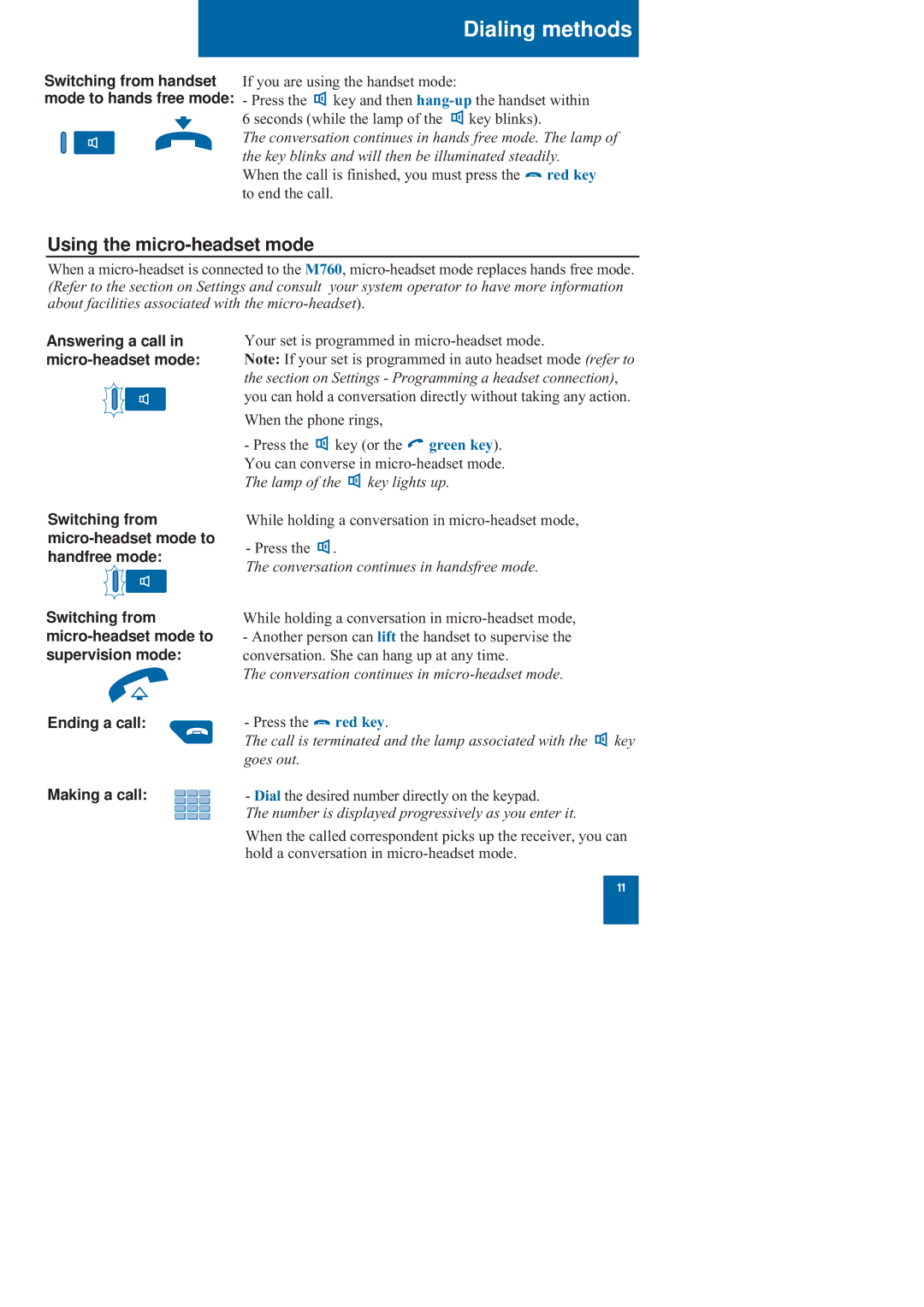 Nortel Networks M760 manual Using the micro-headset mode, Conversation continues in handsfree mode 