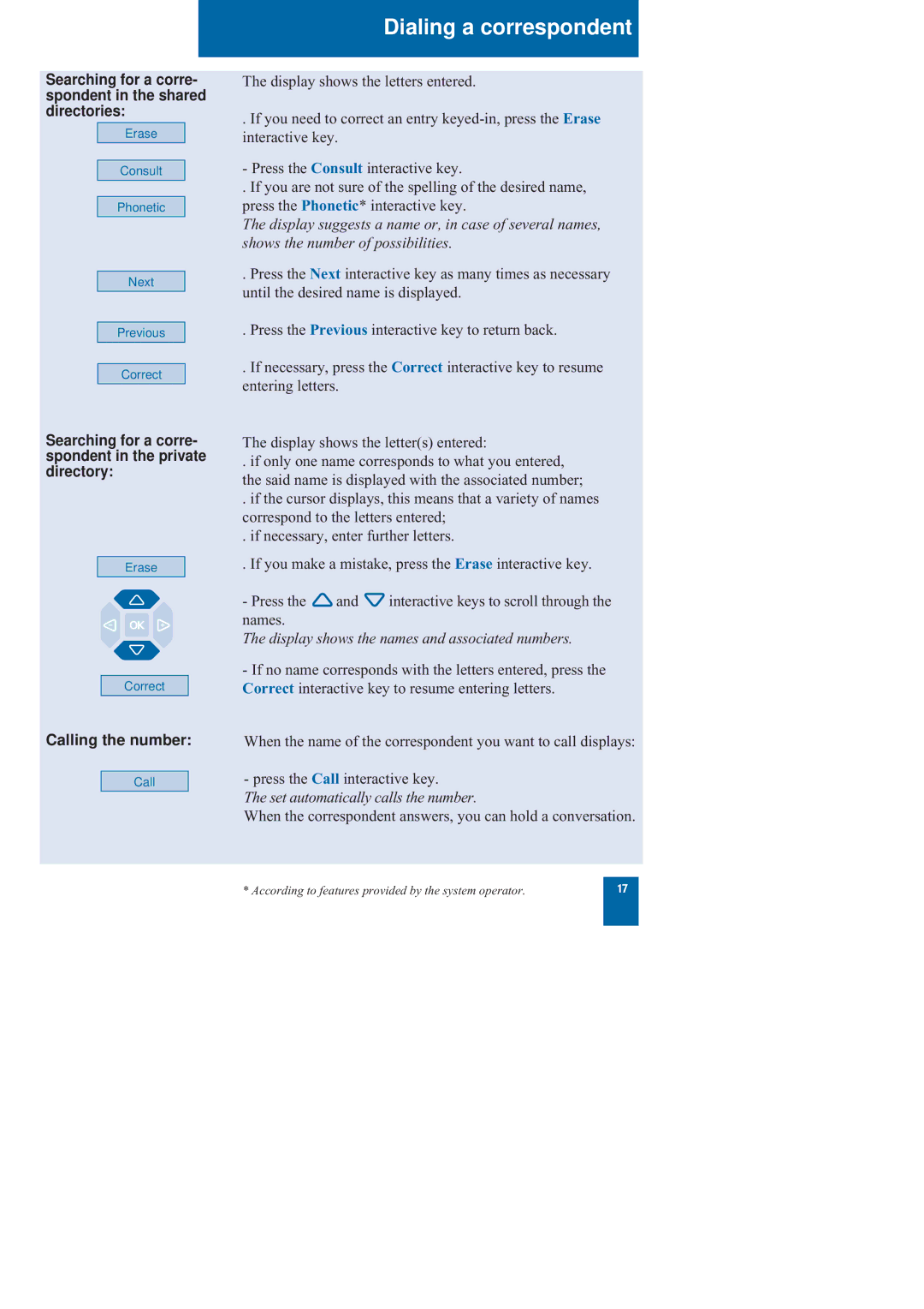 Nortel Networks M760 manual Searching for a corre- spondent in the shared directories, Calling the number 