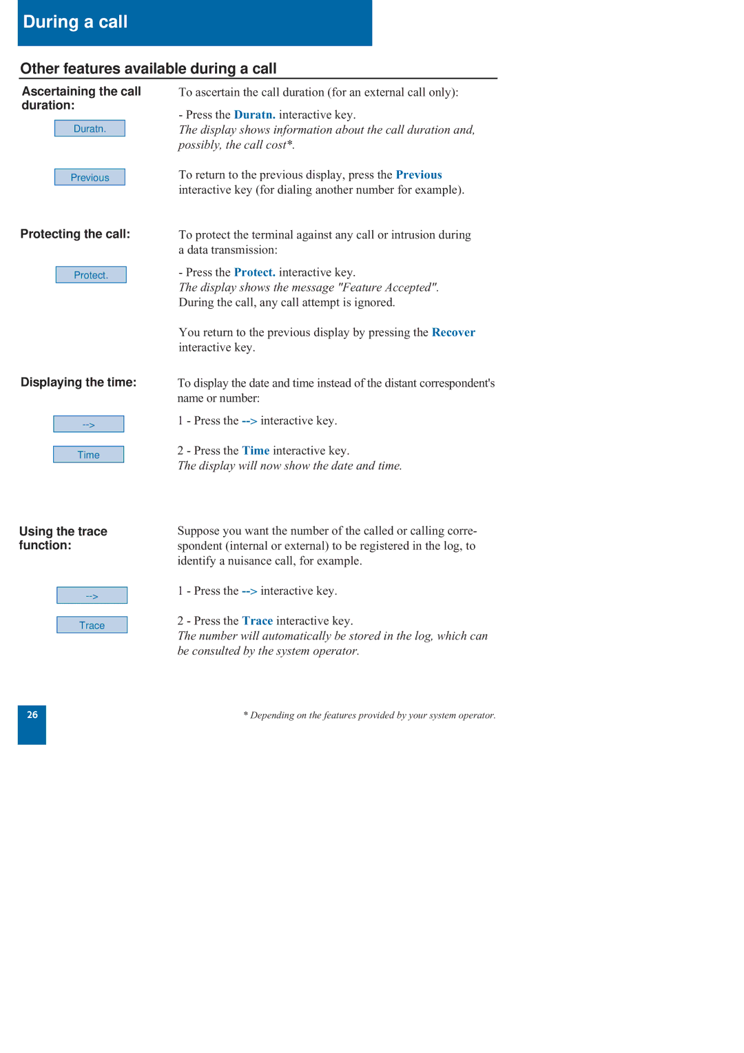 Nortel Networks M760 manual Other features available during a call, Ascertaining the call duration, Protecting the call 