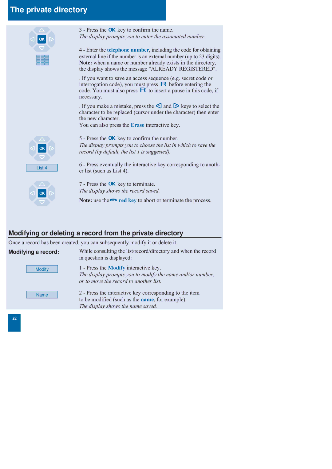 Nortel Networks M760 manual Modifying or deleting a record from the private directory, Modifying a record 