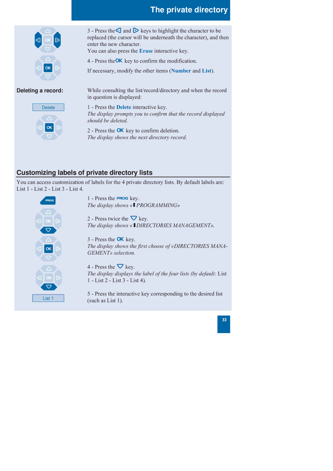 Nortel Networks M760 manual Customizing labels of private directory lists, Deleting a record 