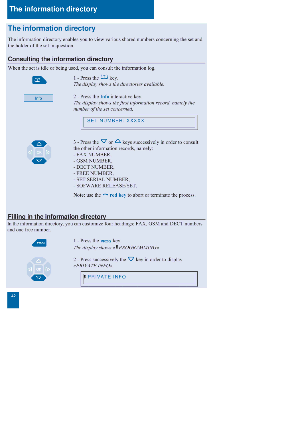 Nortel Networks M760 Information directory, Consulting the information directory, Filling in the information directory 