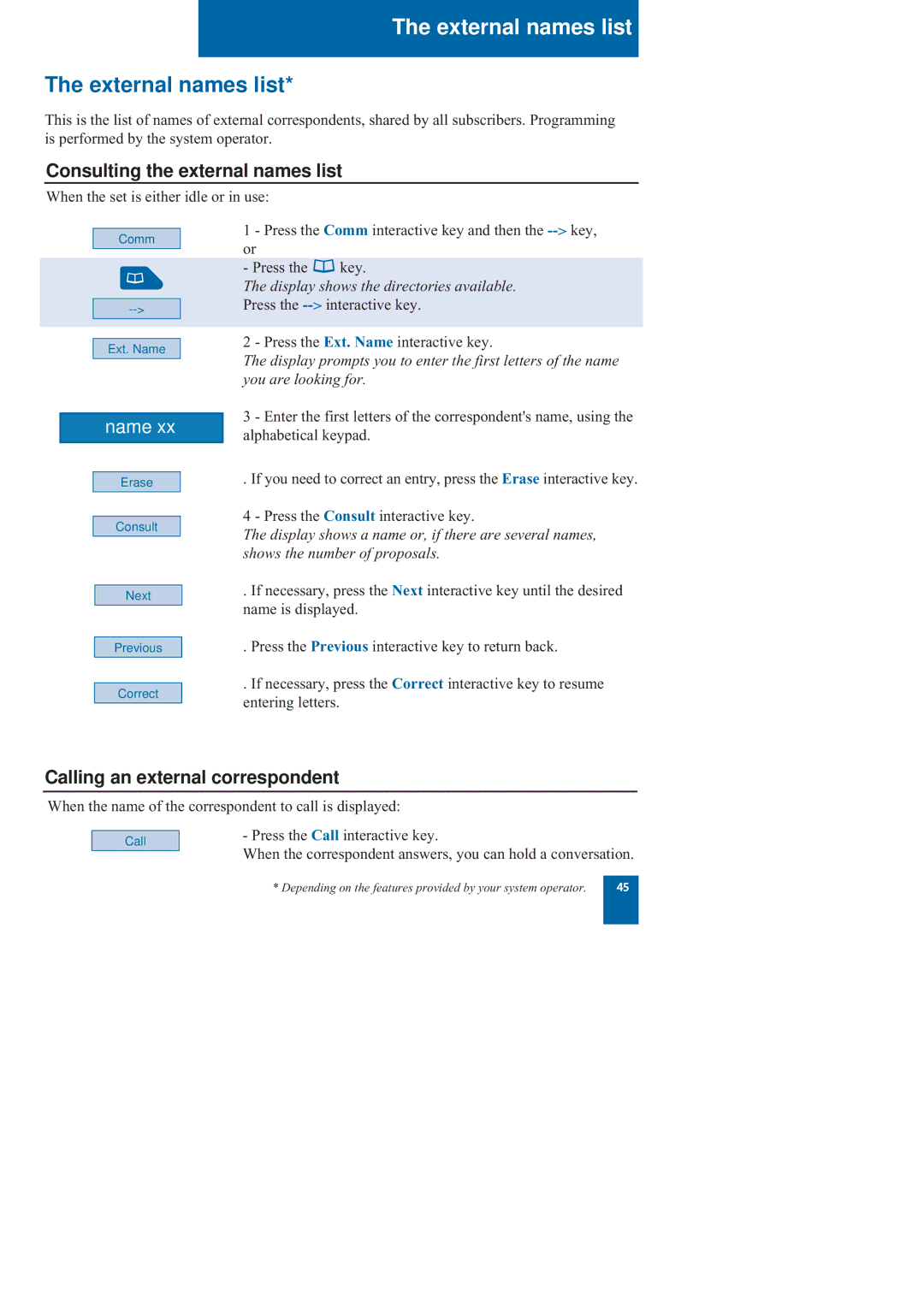 Nortel Networks M760 manual External names list, Consulting the external names list, Calling an external correspondent 