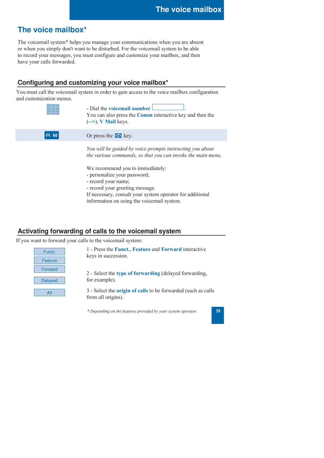 Nortel Networks M760 manual Voice mailbox, Configuring and customizing your voice mailbox, Dial the voicemail number 