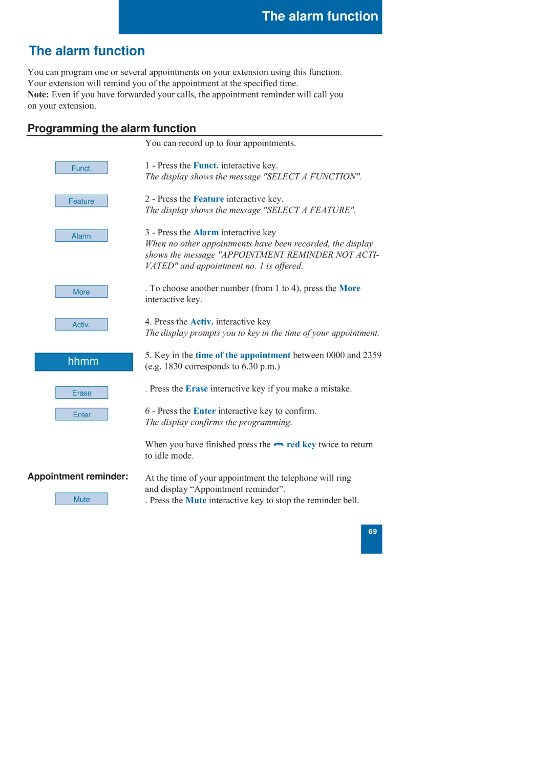 Nortel Networks M760 manual Alarm function, Programming the alarm function, Appointment reminder 